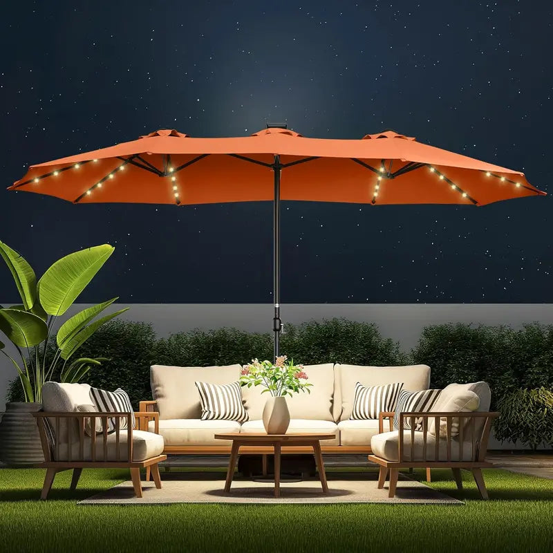 15-Foot Double-Sided Solar-Powered Patio Umbrella ¨C LED-Lit Oversized Market Style with Base. Beige