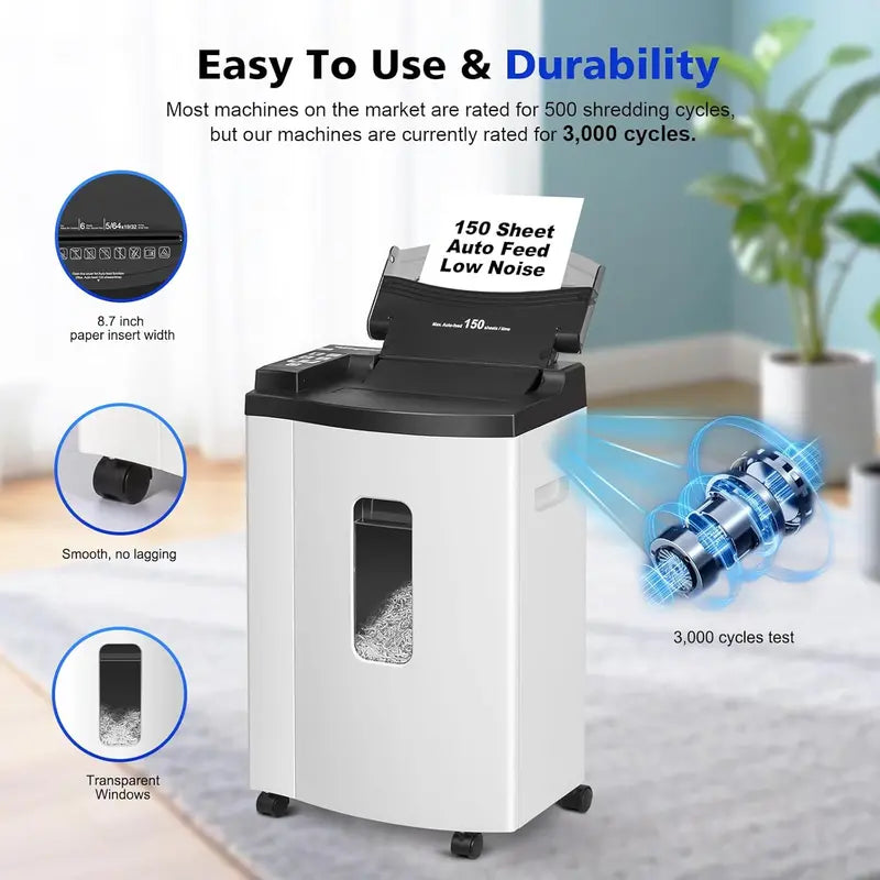 150-Sheet Micro-Cut Paper Shredder ¨C P-5 Security Level. 6-Gallon Bin. 20-Min Continuous Run &amp; Ultra-Quiet 55dB Operation