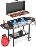 150.000 BTU Outdoor Propane Stove ¨C 2-Burner with Griddle. Auto-Ignition. Side Shelves & Regulator for Camping. Brewing & Grilling