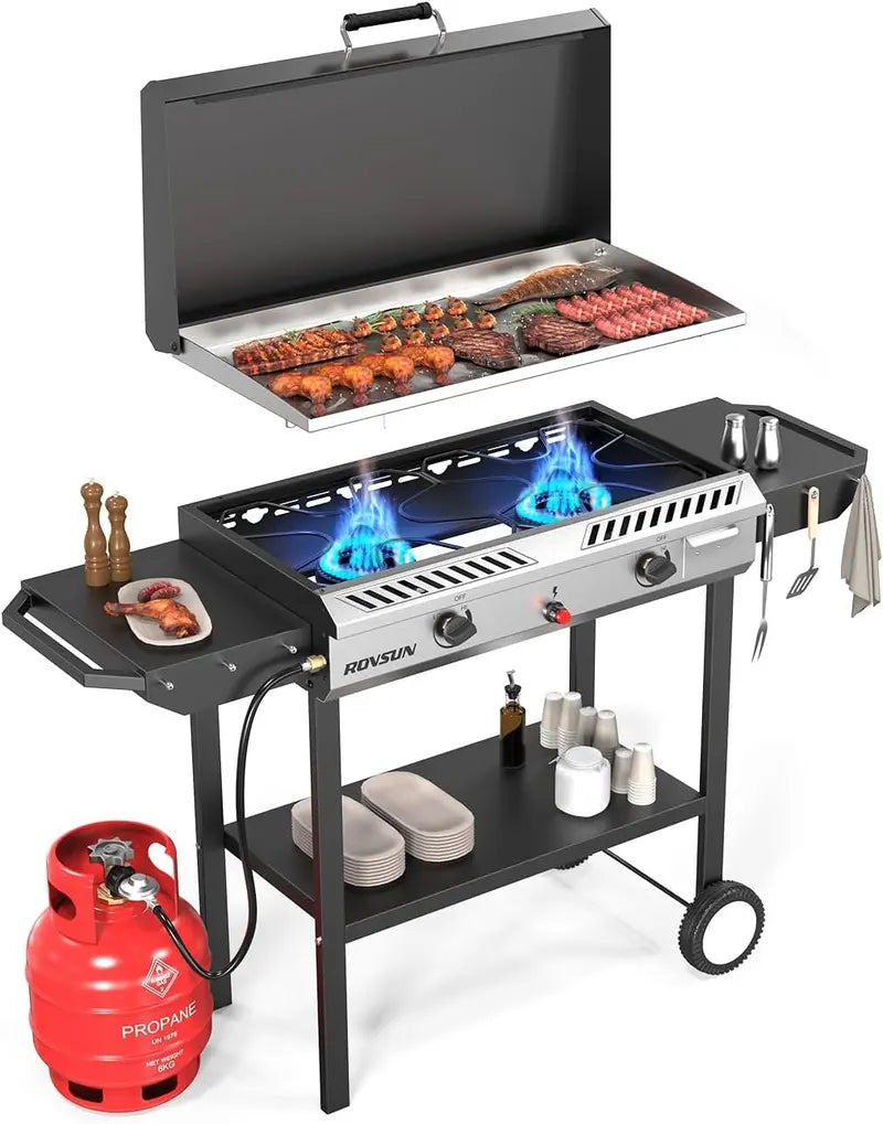 150.000 BTU Outdoor Propane Stove ¨C 2-Burner with Griddle. Auto-Ignition. Side Shelves & Regulator for Camping. Brewing & Grilling
