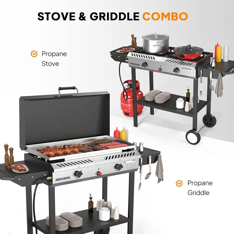 150.000 BTU Outdoor Propane Stove ¨C 2-Burner with Griddle. Auto-Ignition. Side Shelves & Regulator for Camping. Brewing & Grilling