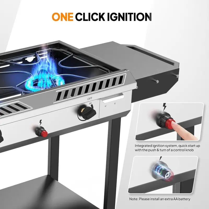 150.000 BTU Outdoor Propane Stove ¨C 2-Burner with Griddle. Auto-Ignition. Side Shelves & Regulator for Camping. Brewing & Grilling