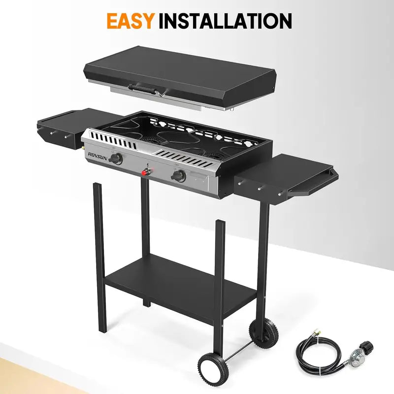 150.000 BTU Outdoor Propane Stove ¨C 2-Burner with Griddle. Auto-Ignition. Side Shelves & Regulator for Camping. Brewing & Grilling