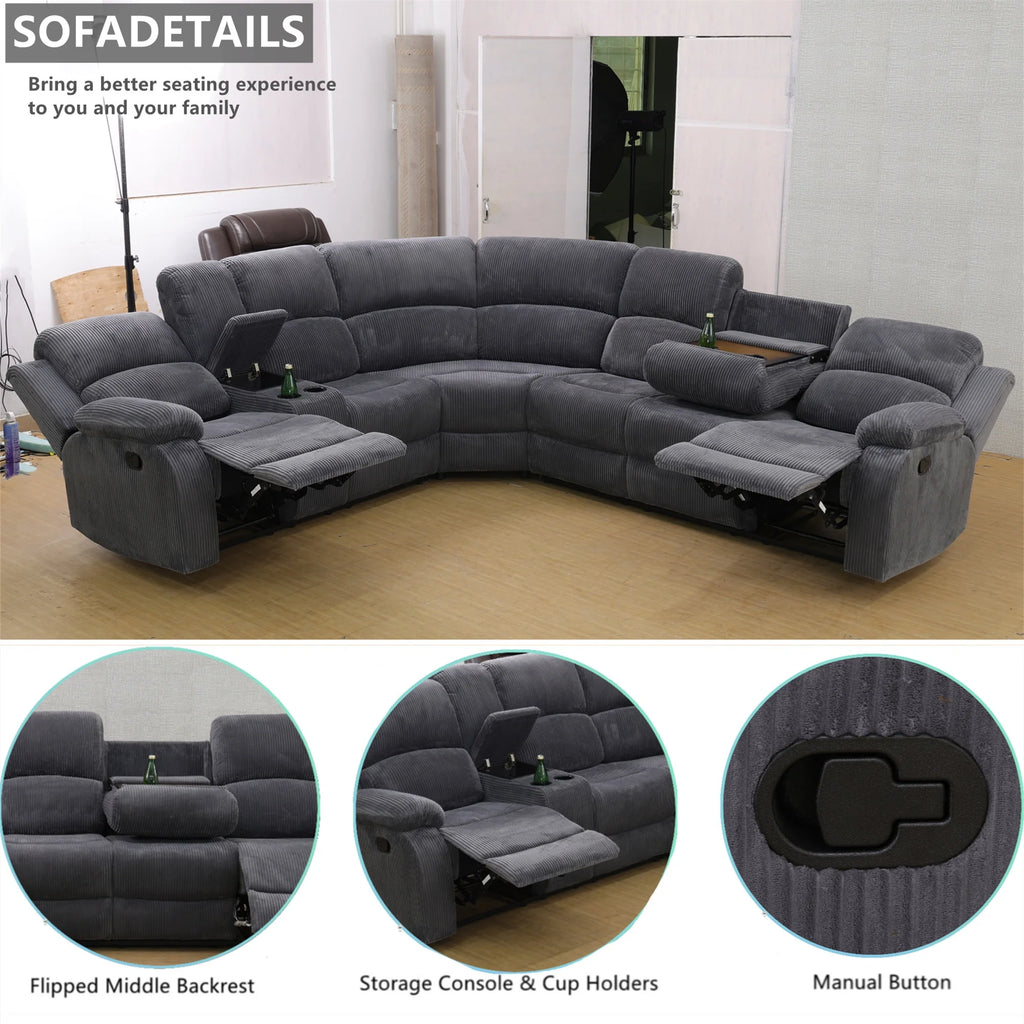 Aukfa 3 - Piece Recliner Sofa Set. 6 Seat Sectional Couch with Cup Holders&Storage Console. Gray