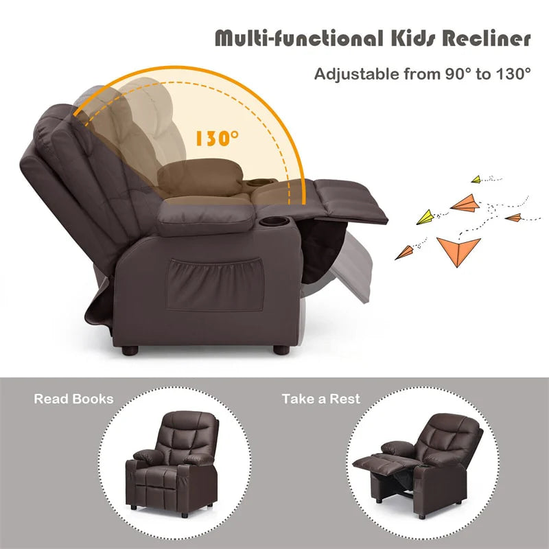 Kids Recliner Chair Adjustable Velvet Lounge Sofa with Cup Holders. 3 Pockets. Retractable Footrest. Toddler Furniture Sofa for Boys Girls Room