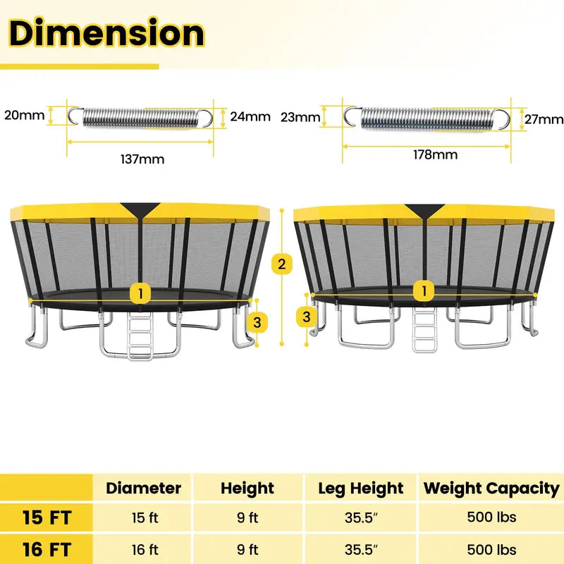 16-Foot ASTM-Certified Recreational Trampoline with Enclosure Net. Anti-Rust Frame. and Safety Ladder
