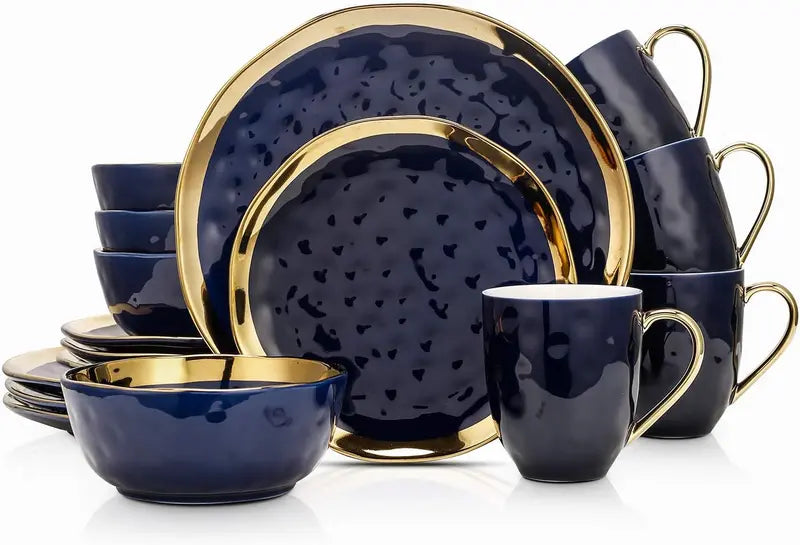 16-Piece Blue &amp; Golden Rim Porcelain Dinnerware Set. Service for 4