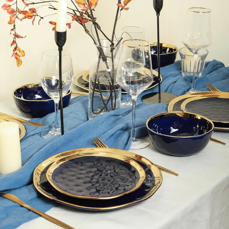 16-Piece Blue &amp; Golden Rim Porcelain Dinnerware Set. Service for 4
