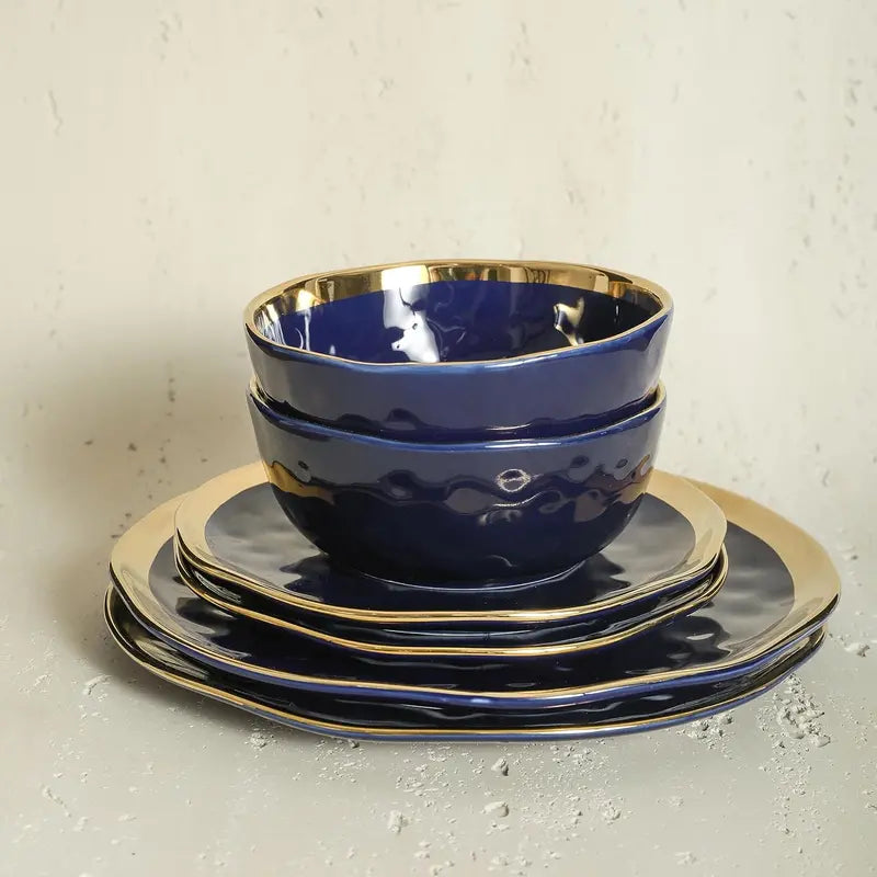 16-Piece Blue &amp; Golden Rim Porcelain Dinnerware Set. Service for 4