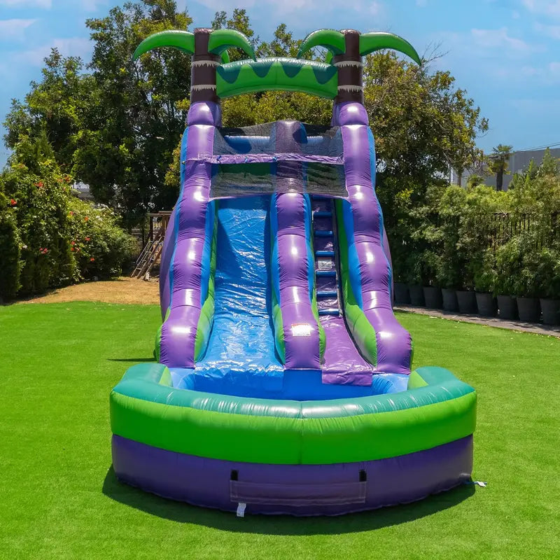 16′ Tropical Water Slide ¨C Inflatable Commercial-Grade Slide with Integrated Pool. Blower Included (Wet/Dry Use)