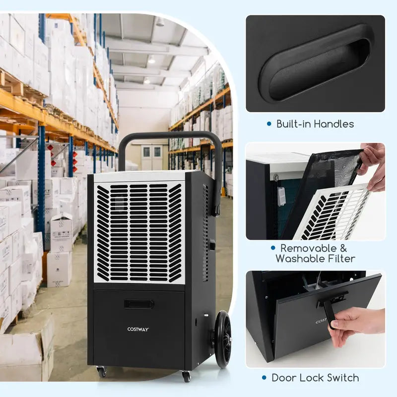 163-Pint Commercial Dehumidifier ¨C Heavy-Duty Unit with Drain Pump & Hose. Ideal for 4.500 Sq. Ft Spaces