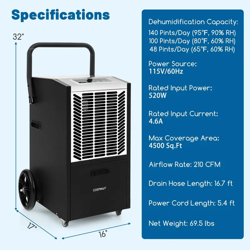 163-Pint Commercial Dehumidifier ¨C Heavy-Duty Unit with Drain Pump & Hose. Ideal for 4.500 Sq. Ft Spaces