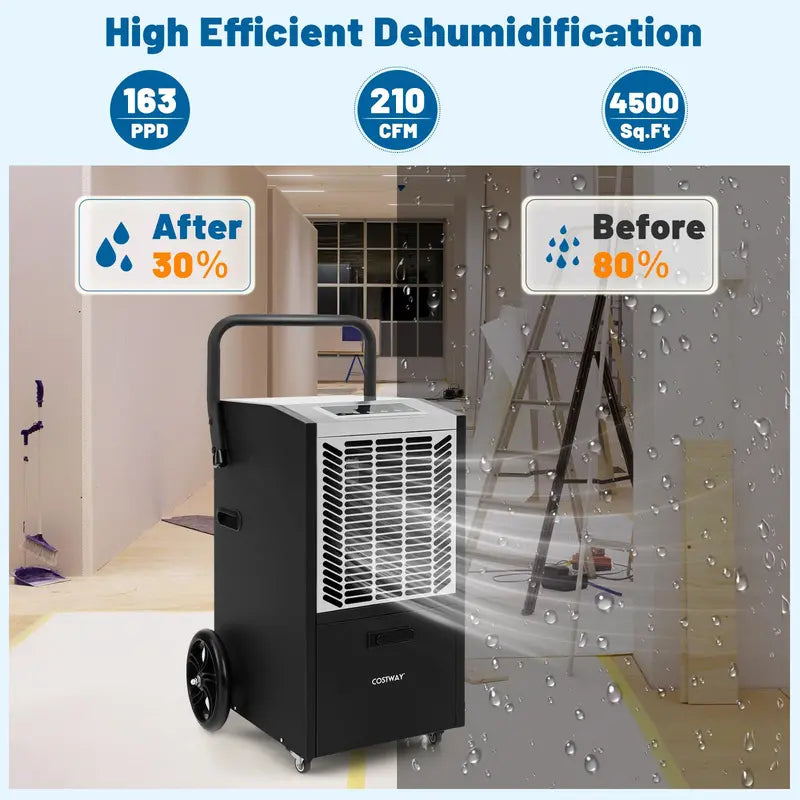 163-Pint Commercial Dehumidifier ¨C Heavy-Duty Unit with Drain Pump & Hose. Ideal for 4.500 Sq. Ft Spaces