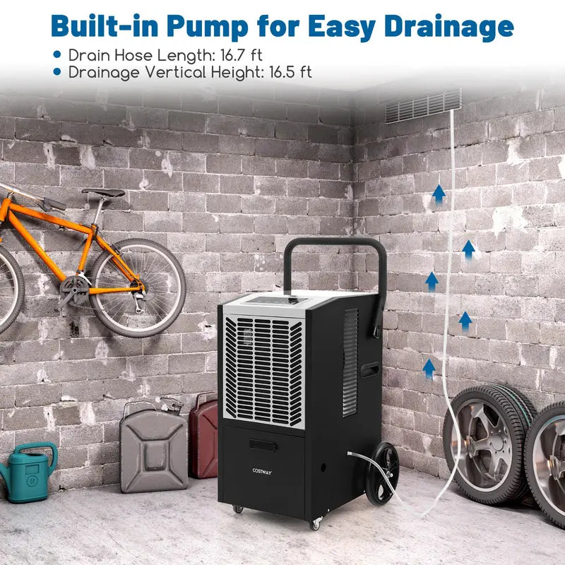 163-Pint Commercial Dehumidifier ¨C Heavy-Duty Unit with Drain Pump & Hose. Ideal for 4.500 Sq. Ft Spaces
