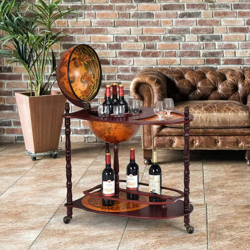 16th-Century Italian-Style Wine Bar Stand ¨C 34-Inch Wood Globe Rack with Expanded Bottle Shelf