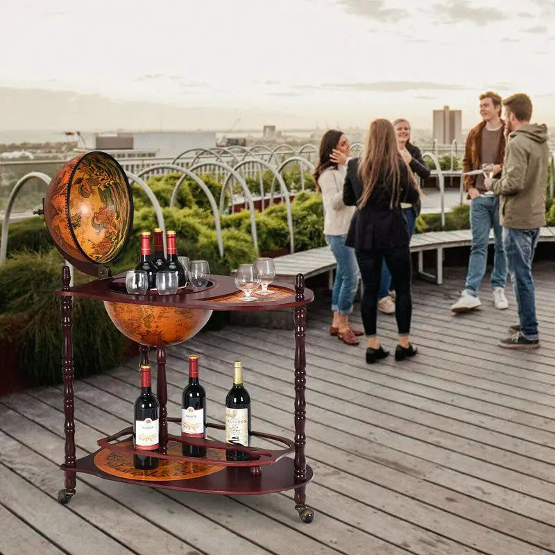 16th-Century Italian-Style Wine Bar Stand ¨C 34-Inch Wood Globe Rack with Expanded Bottle Shelf