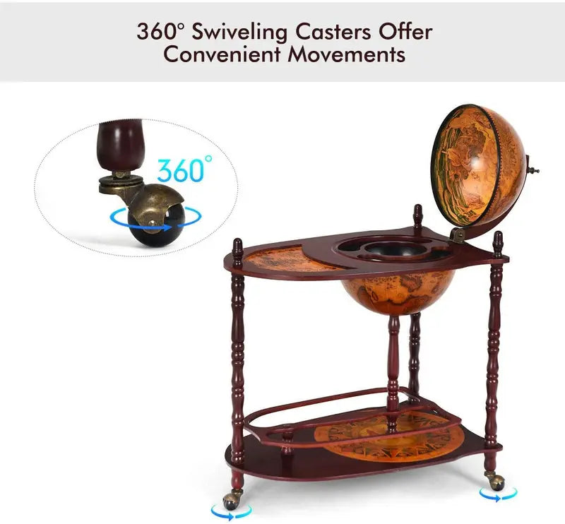 16th-Century Italian-Style Wine Bar Stand ¨C 34-Inch Wood Globe Rack with Expanded Bottle Shelf