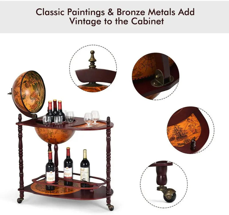 16th-Century Italian-Style Wine Bar Stand ¨C 34-Inch Wood Globe Rack with Expanded Bottle Shelf