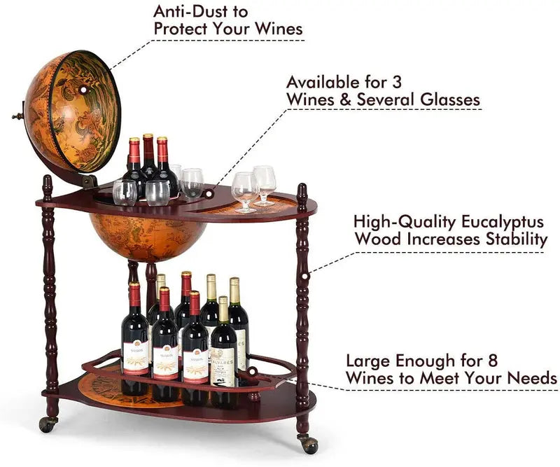 16th-Century Italian-Style Wine Bar Stand ¨C 34-Inch Wood Globe Rack with Expanded Bottle Shelf