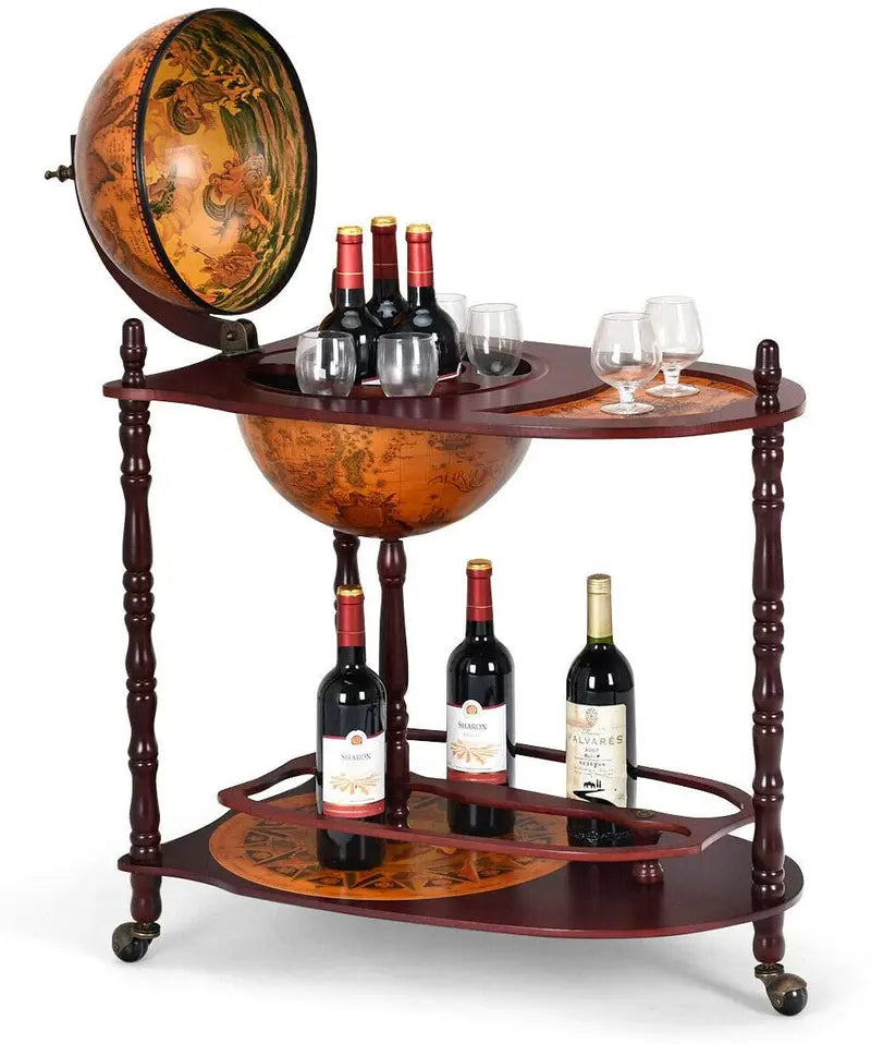 16th-Century Italian-Style Wine Bar Stand ¨C 34-Inch Wood Globe Rack with Expanded Bottle Shelf