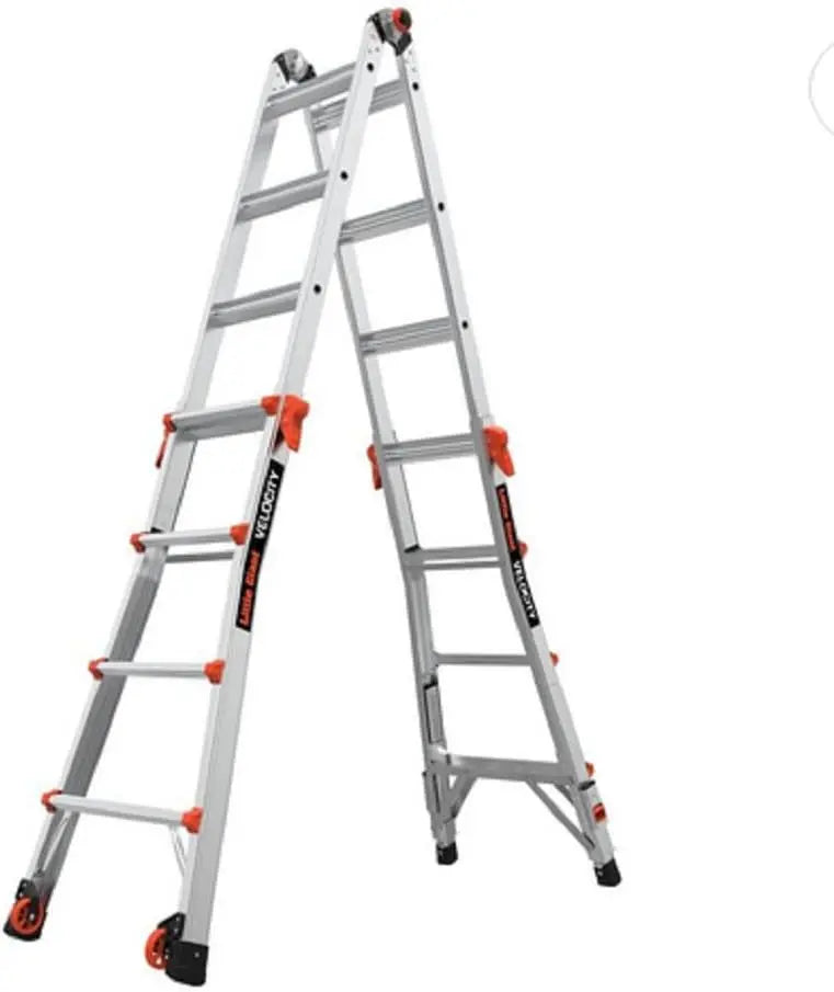 17-Foot Aluminum Multi-Position Ladder ¨C 300-Lb Capacity. 1A Duty Rating with Ratchet Leveling &amp; Mobility Wheels