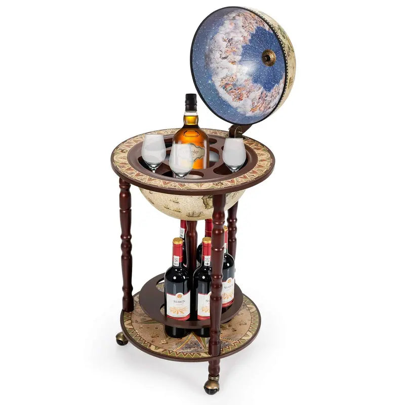 17-Inch Vintage-Style Wood Globe Wine Rack with Italian Renaissance Design