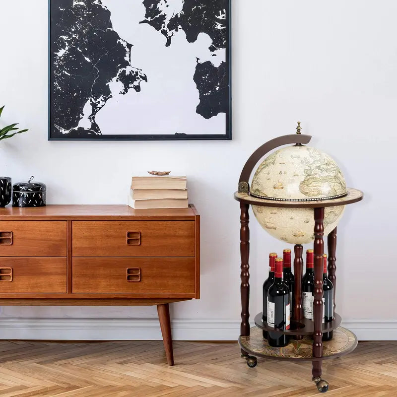 17-Inch Wood Globe Wine Bar Stand ¨C Vintage-Style Liquor Bottle Display Rack