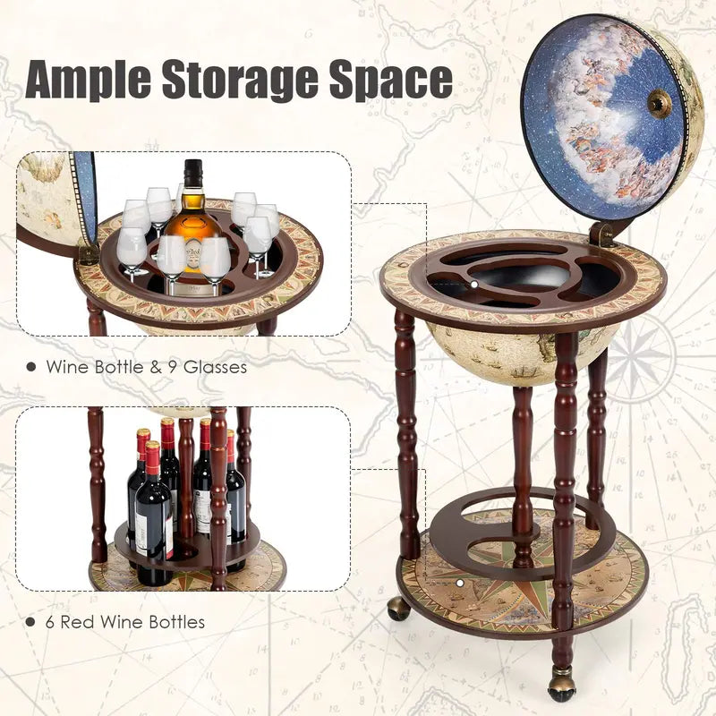 17-Inch Wood Globe Wine Bar Stand ¨C Vintage-Style Liquor Bottle Display Rack