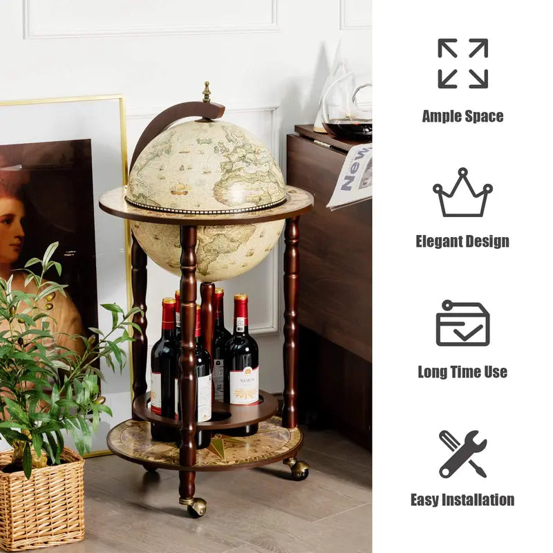 17-Inch Wood Globe Wine Bar Stand ¨C Vintage-Style Liquor Bottle Display Rack