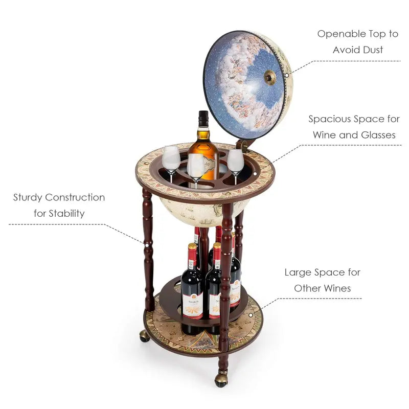 17-Inch Wood Globe Wine Bar Stand ¨C Vintage-Style Liquor Bottle Display Rack
