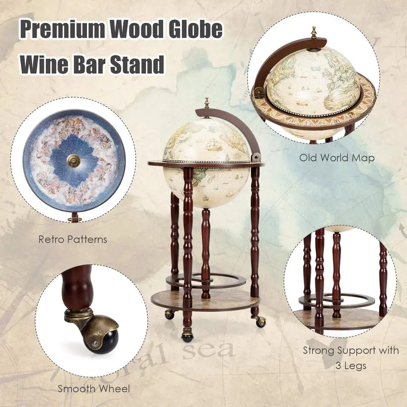 17-Inch Wood Globe Wine Bar Stand ¨C Vintage-Style Liquor Bottle Display Rack