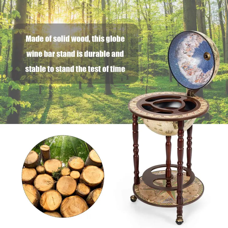 17-Inch Wood Globe Wine Bar Stand ¨C Vintage-Style Liquor Bottle Display Rack