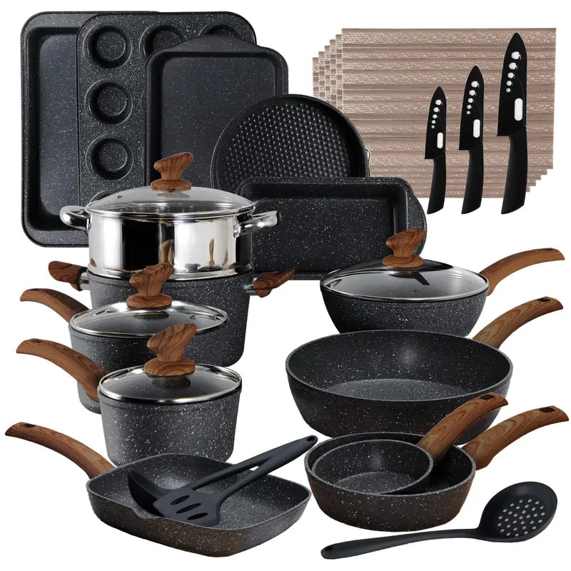 17-Piece Granite Nonstick Cookware Set ¨C Black Ceramic-Coated Pots. Pans. and Lids for Everyday Cooking