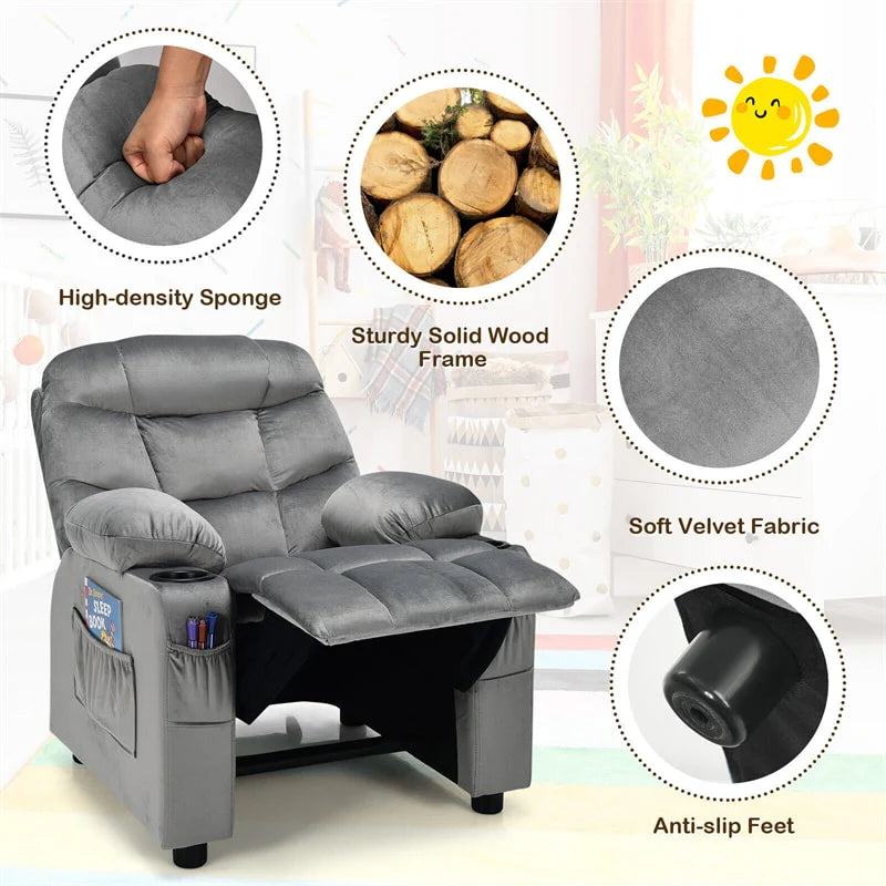 Kids Recliner Chair Adjustable Velvet Lounge Sofa with Cup Holders. 3 Pockets. Retractable Footrest. Toddler Furniture Sofa for Boys Girls Room