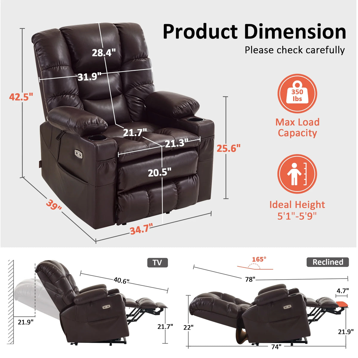 Mcombo Triple Motor Power Lift Recliner for Elderly. Sleep Recliner Sofa with Adjustable Headrest. Faux Leather. Dark Brown