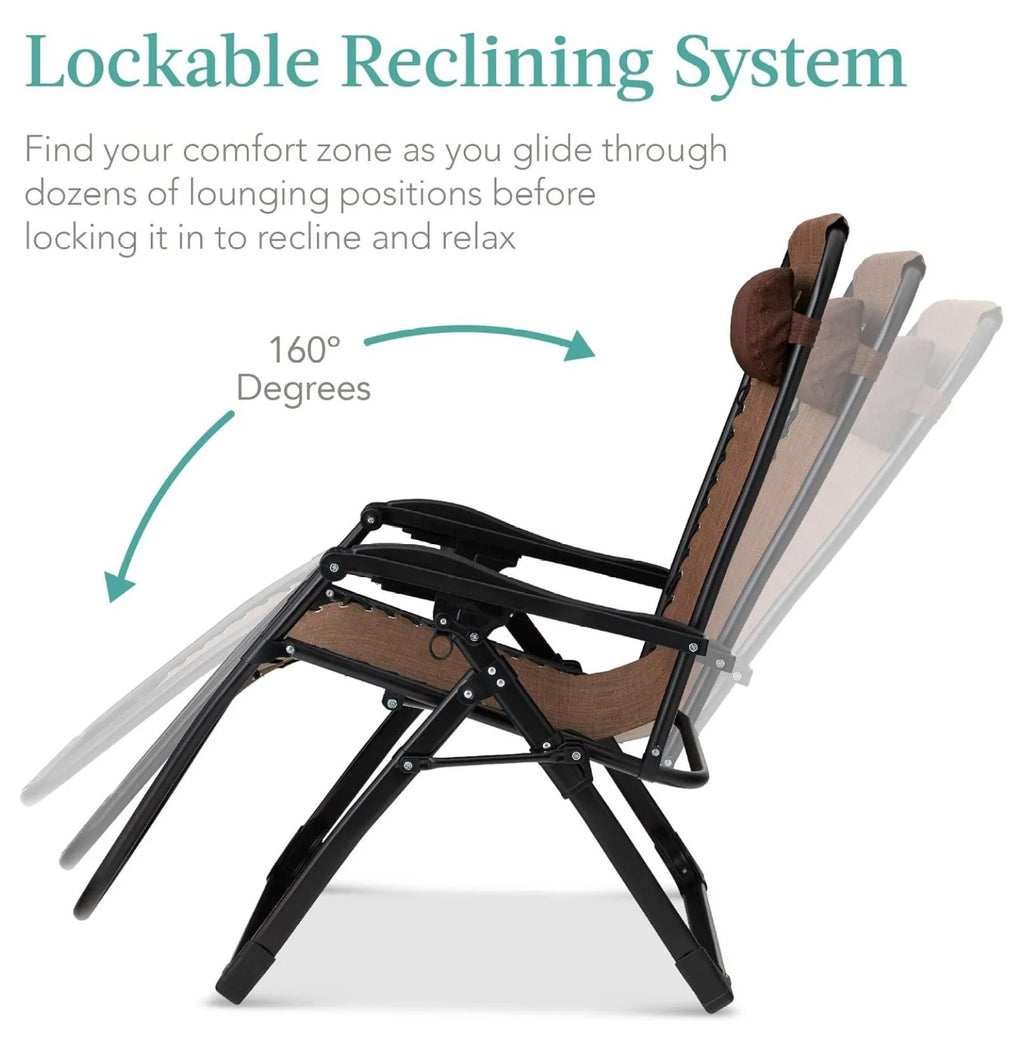 Oversized Chair. Folding Outdoor Patio Recliner. XL Anti Gravity Lounger W/Removable Cushion. Cup Holder. Side Tray. 350 lb Capacity - Taupe