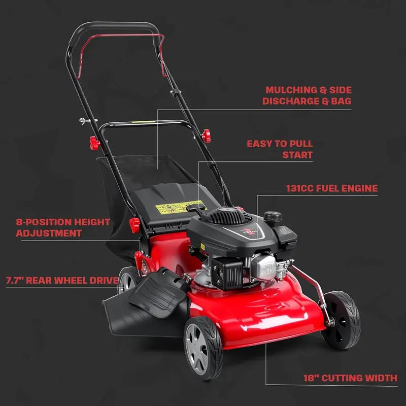 18-Inch 3-in-1 Self-Propelled Gas Lawn Mower ¨C 131cc Engine. 50L Grass Catcher. Heavy-Duty Yard Maintenance