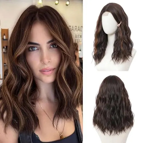 18-Inch Brown Highlight Wavy Wig. Natural Synthetic Hair for Women - Daily. Party. Halloween Use