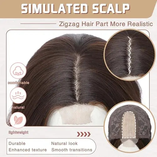 18-Inch Brown Highlight Wavy Wig. Natural Synthetic Hair for Women - Daily. Party. Halloween Use