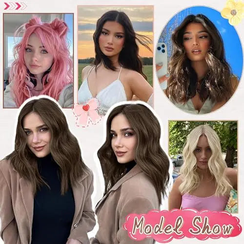 18-Inch Brown Highlight Wavy Wig. Natural Synthetic Hair for Women - Daily. Party. Halloween Use