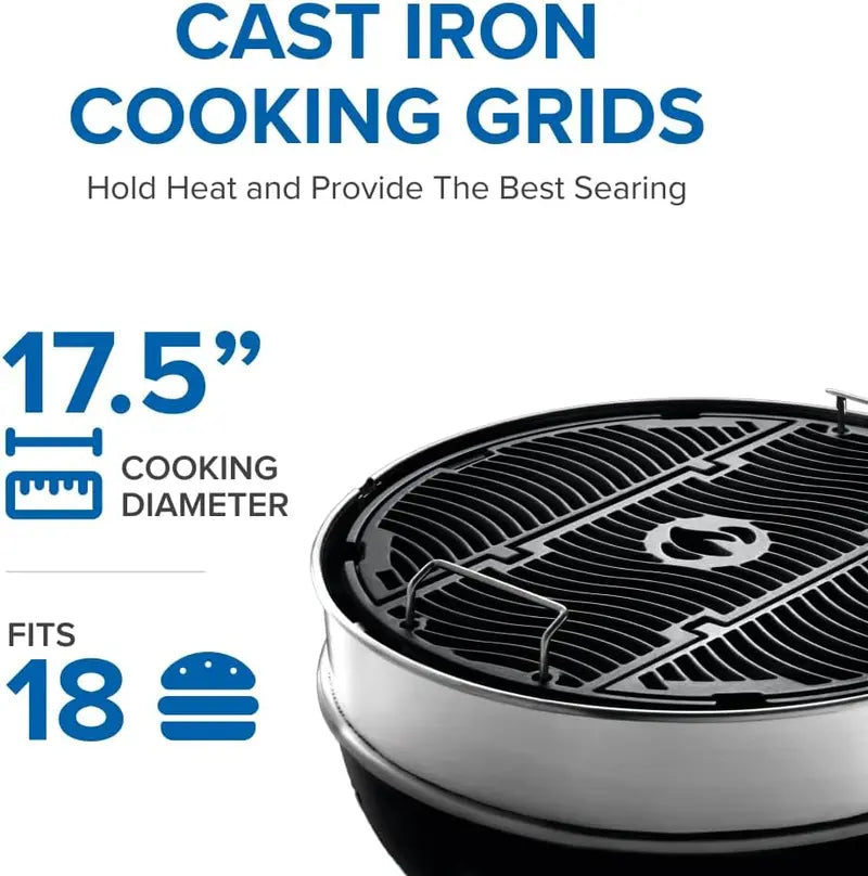 18-Inch Charcoal Kettle Grill with Stainless Steel Spacer Ring. 240 sq in Cooking Surface. and All-Terrain 7″ Wheels