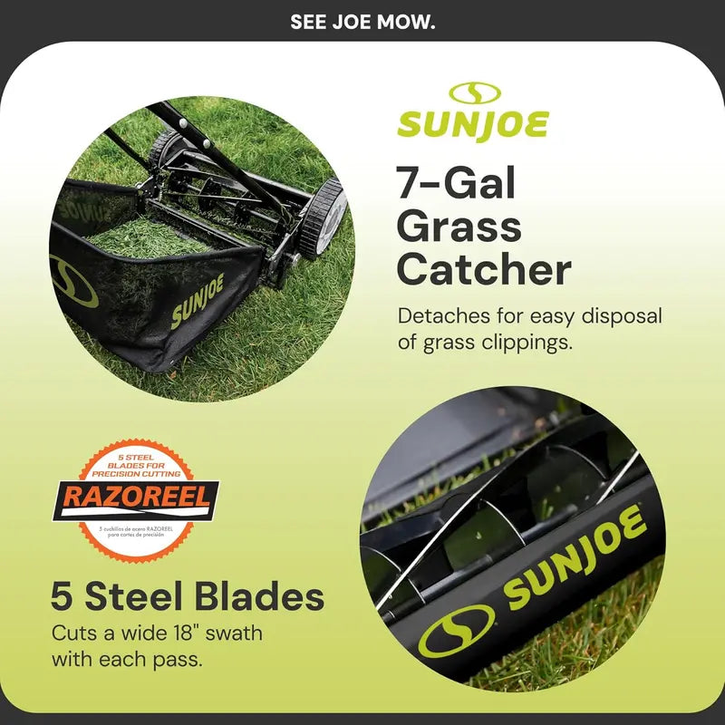 18-Inch Manual Reel Lawn Mower with Grass Catcher ¨C Eco-Friendly. Quiet. and Low-Maintenance Push Mower