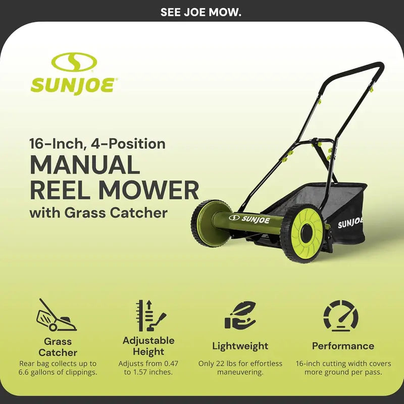 18-Inch Manual Reel Lawn Mower with Grass Catcher ¨C Eco-Friendly. Quiet. and Low-Maintenance Push Mower
