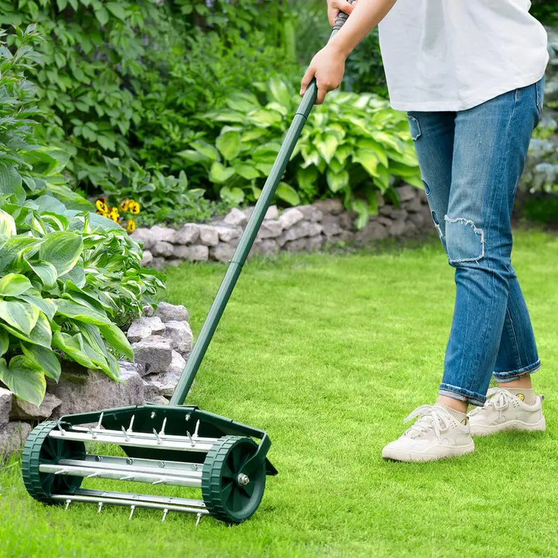 18-Inch Rotary Lawn Aerator ¨C Push-Style Spike Tine Tool with 40.5-Inch Handle and Fender