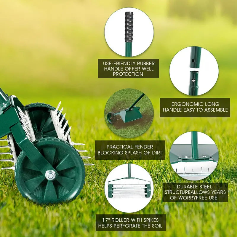 18-Inch Rotary Lawn Aerator ¨C Push-Style Spike Tine Tool with 40.5-Inch Handle and Fender