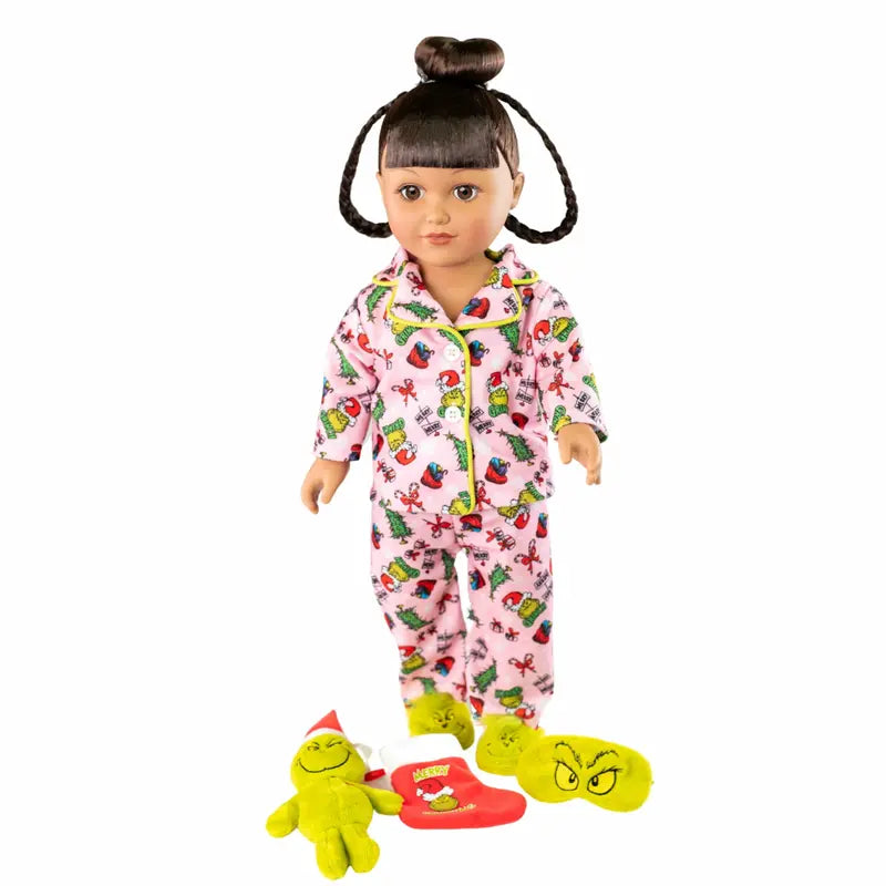 18″ Poseable Grinch Sleepover Doll with Brunette Hair. Brown Eyes. Pajamas &amp; Accessories