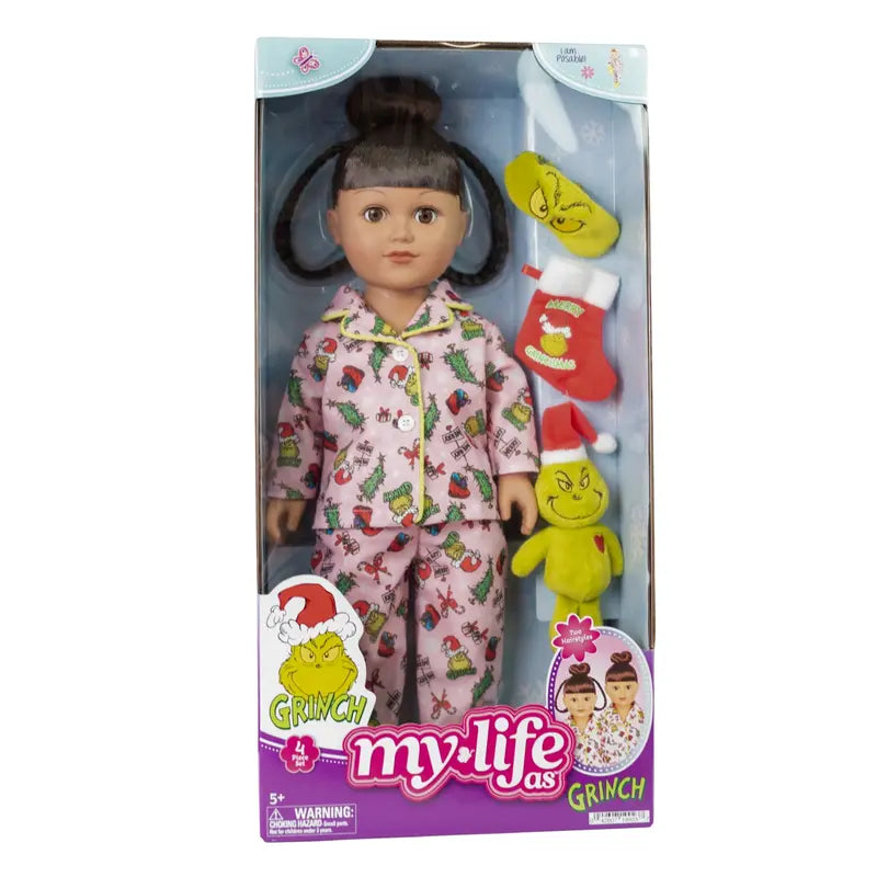 18″ Poseable Grinch Sleepover Doll with Brunette Hair. Brown Eyes. Pajamas &amp; Accessories