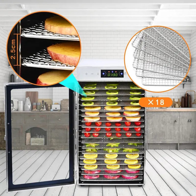 18-Tray Stainless Steel Food Dehydrator ¨C Touchscreen Controls. Precise Temp &amp; Timer Settings for Jerky. Herbs. Fruits &amp; More