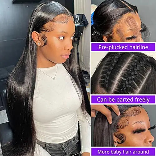 180% Density 26″ Pre-Plucked Brazilian Straight Lace Front Wigs for Black Women - Natural Hairline &amp; Baby Hair
