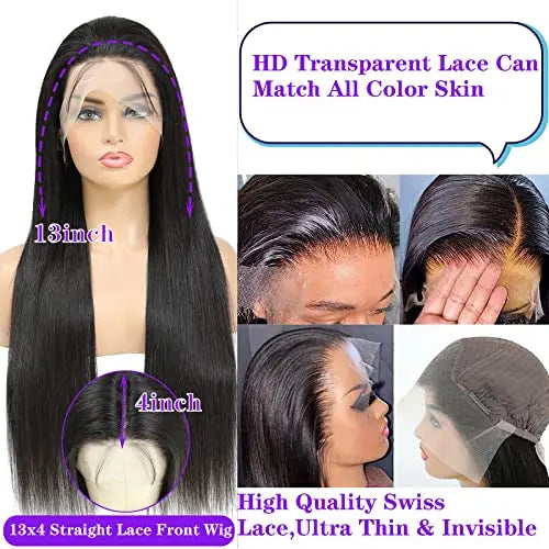 180% Density 26″ Pre-Plucked Brazilian Straight Lace Front Wigs for Black Women - Natural Hairline &amp; Baby Hair